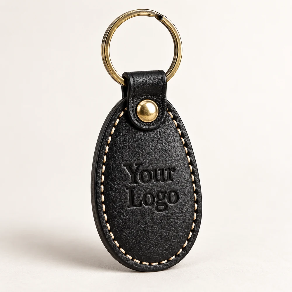 Black Oval Stitch Leather Keychain